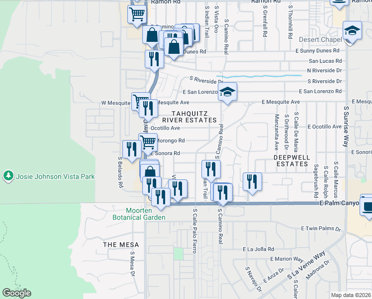 map of restaurants, bars, coffee shops, grocery stores, and more near 241 East Morongo Road in Palm Springs