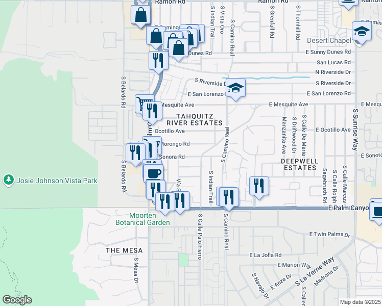 map of restaurants, bars, coffee shops, grocery stores, and more near 456 East Sonora Road in Palm Springs