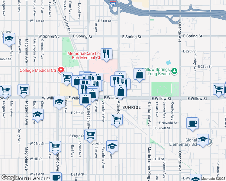 map of restaurants, bars, coffee shops, grocery stores, and more near 2691 Linden Avenue in Long Beach