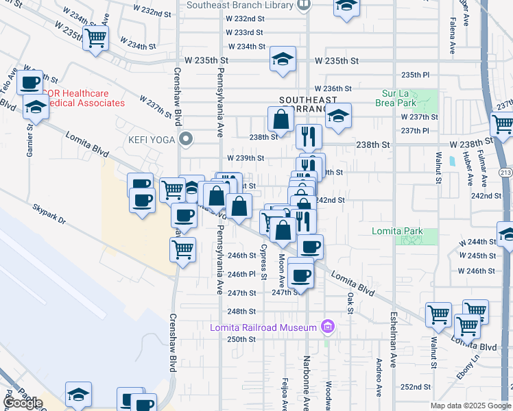 map of restaurants, bars, coffee shops, grocery stores, and more near 2315 243rd Street in Lomita