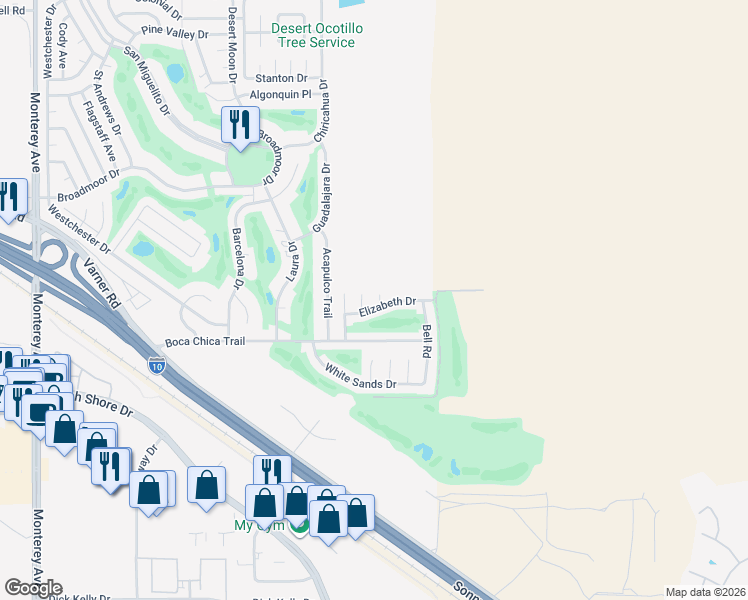 map of restaurants, bars, coffee shops, grocery stores, and more near 33537 Lisa Circle in Thousand Palms