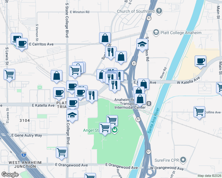 map of restaurants, bars, coffee shops, grocery stores, and more near 2414 East Katella Avenue in Anaheim