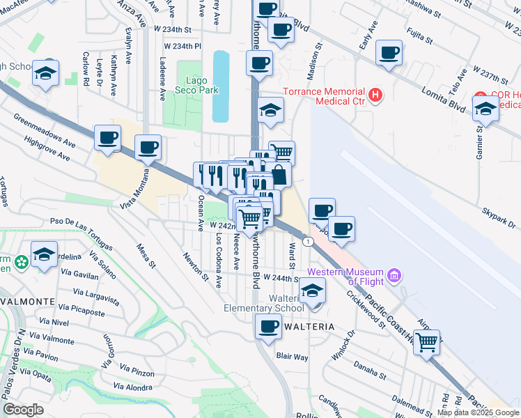map of restaurants, bars, coffee shops, grocery stores, and more near 24043 Hawthorne Boulevard in Torrance