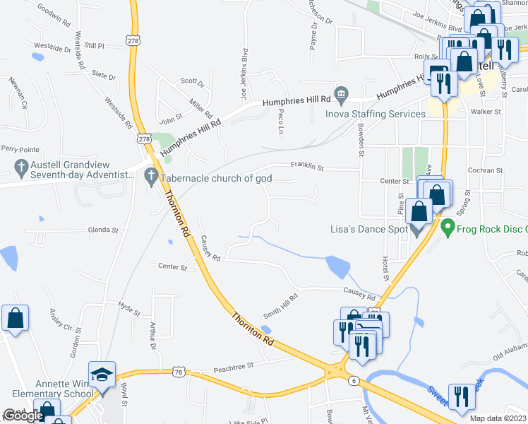 map of restaurants, bars, coffee shops, grocery stores, and more near 2170 Stonebrook Drive in Austell