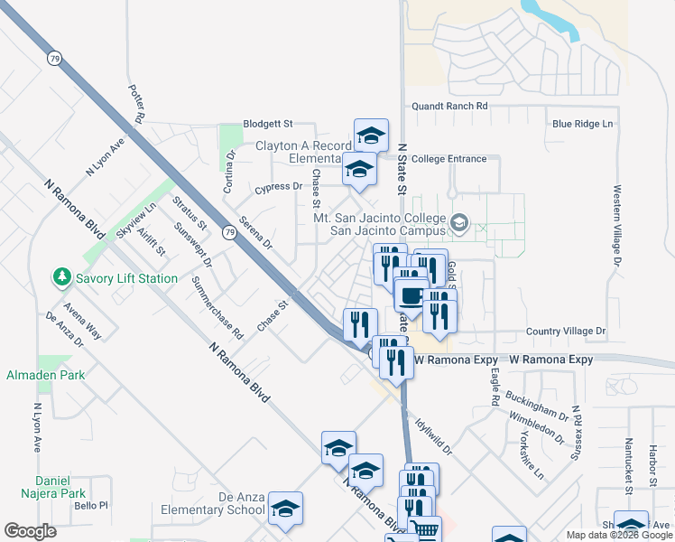 map of restaurants, bars, coffee shops, grocery stores, and more near 1357 Sierra Drive in San Jacinto