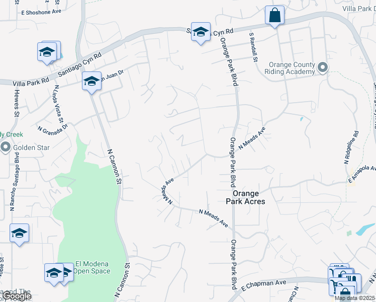 map of restaurants, bars, coffee shops, grocery stores, and more near 10845 North Meads Avenue in Orange