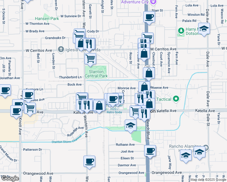 map of restaurants, bars, coffee shops, grocery stores, and more near 10812 Oak Street in Stanton