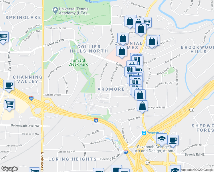 map of restaurants, bars, coffee shops, grocery stores, and more near 71 28th Street Northwest in Atlanta