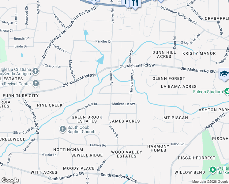 map of restaurants, bars, coffee shops, grocery stores, and more near 1486 Thunderwood Lane Southwest in Mableton
