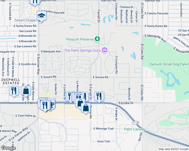 map of restaurants, bars, coffee shops, grocery stores, and more near 1391 San Mateo Drive in Palm Springs