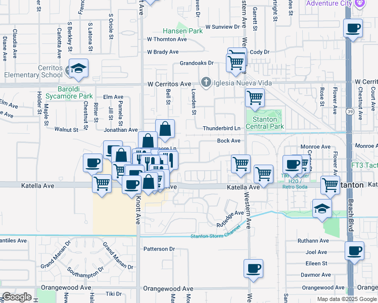 map of restaurants, bars, coffee shops, grocery stores, and more near 7224 Kermore Lane in Stanton
