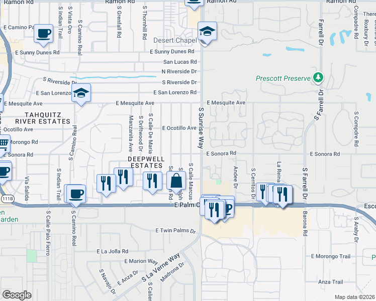 map of restaurants, bars, coffee shops, grocery stores, and more near 1381 South Cll Marcus in Palm Springs