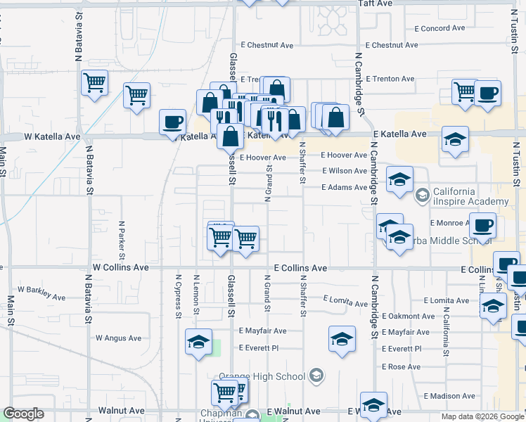 map of restaurants, bars, coffee shops, grocery stores, and more near 315 East Jackson Avenue in Orange