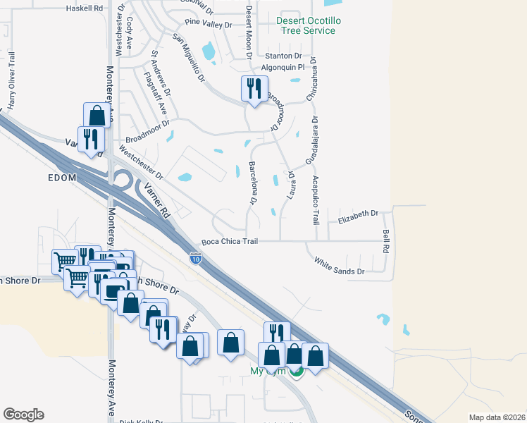 map of restaurants, bars, coffee shops, grocery stores, and more near 33440 Carlsbad Circle in Thousand Palms