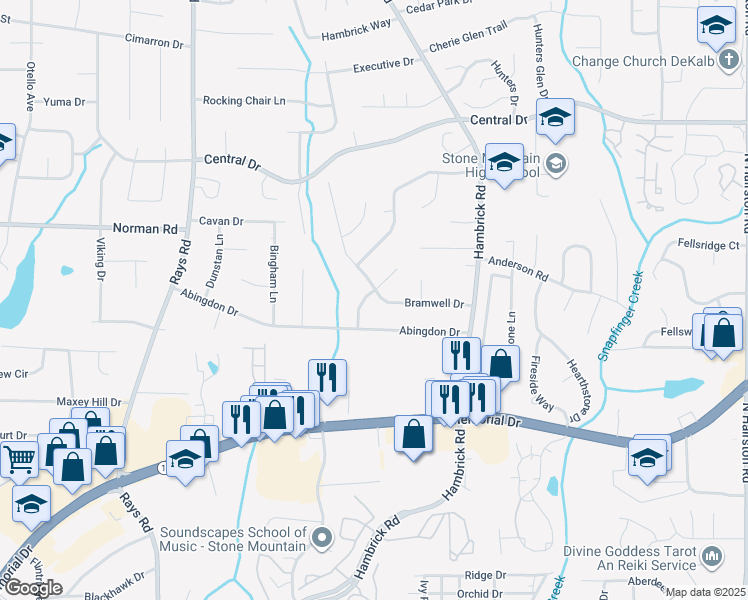 map of restaurants, bars, coffee shops, grocery stores, and more near 4389 Bramwell Drive in Stone Mountain