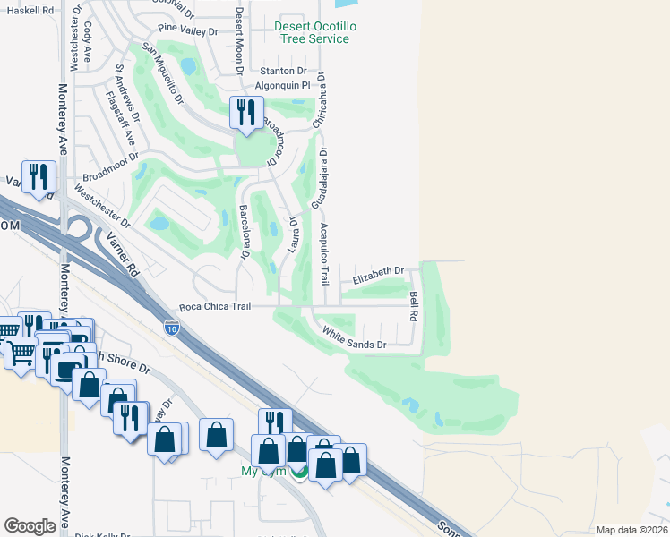 map of restaurants, bars, coffee shops, grocery stores, and more near 33511 Walton Circle in Thousand Palms