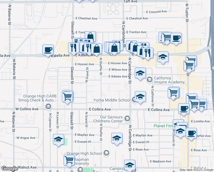 map of restaurants, bars, coffee shops, grocery stores, and more near 536 East Elizabeth Drive in Orange