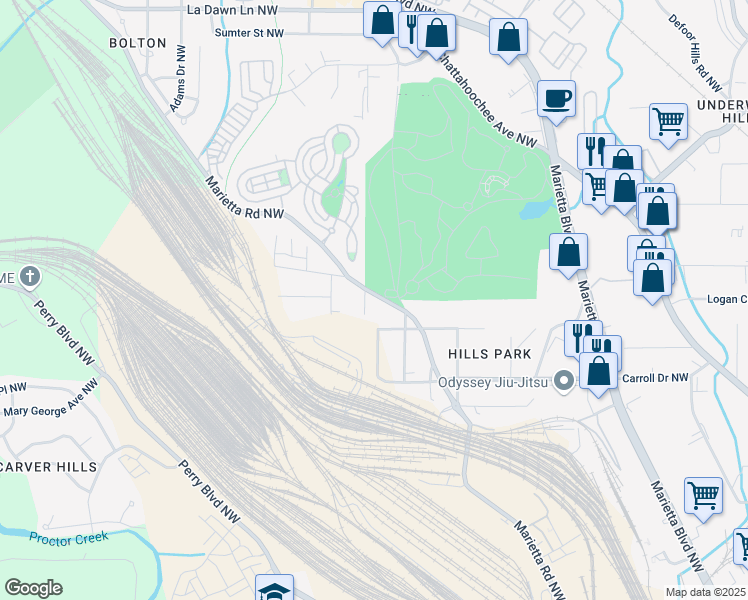 map of restaurants, bars, coffee shops, grocery stores, and more near 1830 Marietta Road Northwest in Atlanta