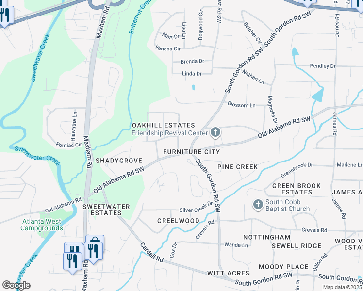 map of restaurants, bars, coffee shops, grocery stores, and more near 6119 Pine Terrace Drive in Austell
