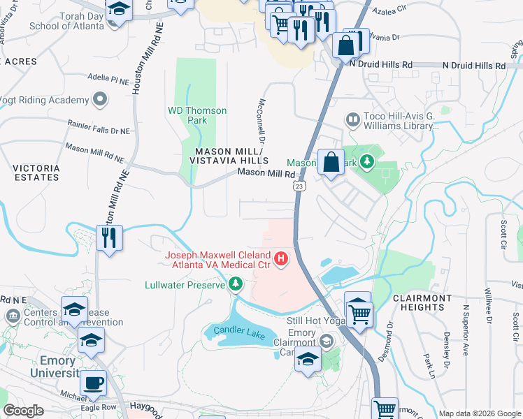 map of restaurants, bars, coffee shops, grocery stores, and more near 1750 Clairmont Road in Decatur
