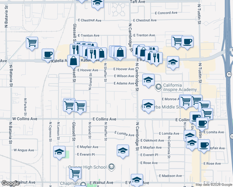 map of restaurants, bars, coffee shops, grocery stores, and more near 614 East Elizabeth Drive in Orange
