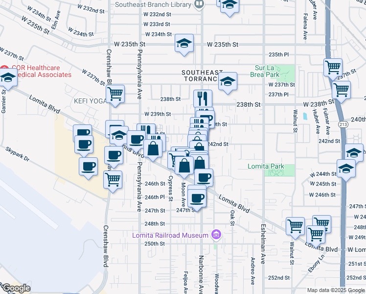 map of restaurants, bars, coffee shops, grocery stores, and more near 2247 243rd St in Lomita
