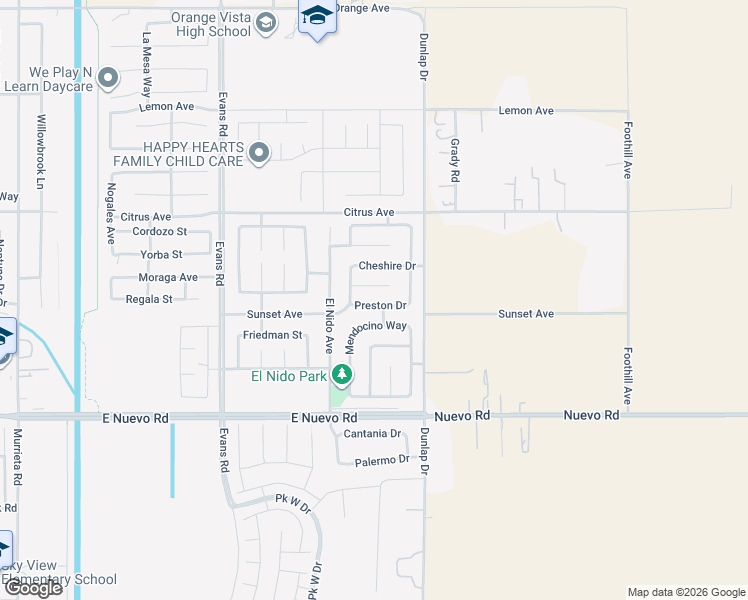 map of restaurants, bars, coffee shops, grocery stores, and more near 1492 Preston Drive in Perris