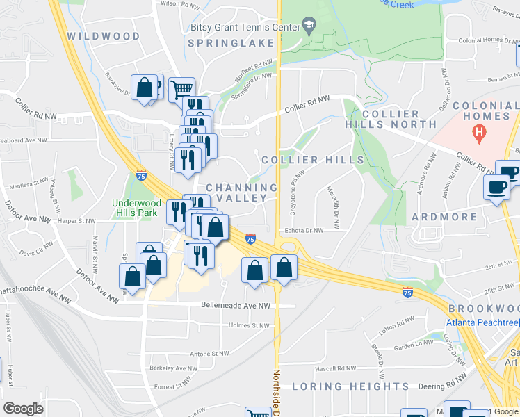 map of restaurants, bars, coffee shops, grocery stores, and more near 1846 Fernwood Road Northwest in Atlanta