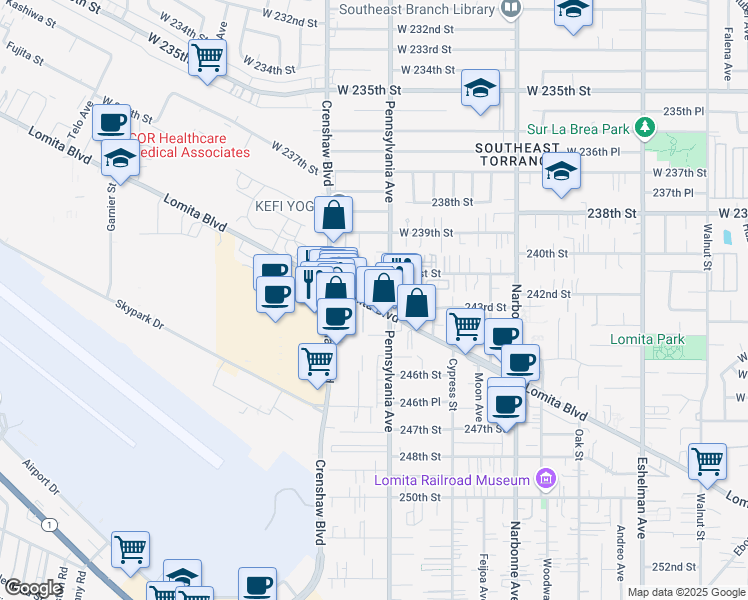 map of restaurants, bars, coffee shops, grocery stores, and more near 2421 Lomita Boulevard in Lomita