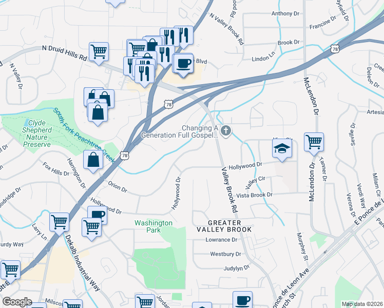 map of restaurants, bars, coffee shops, grocery stores, and more near 2955 Orion Drive in Decatur