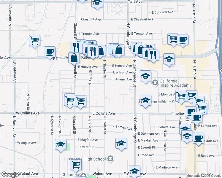 map of restaurants, bars, coffee shops, grocery stores, and more near 536 East Elizabeth Drive in Orange