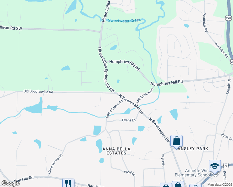 map of restaurants, bars, coffee shops, grocery stores, and more near 3500 North Sweetwater Road in Lithia Springs
