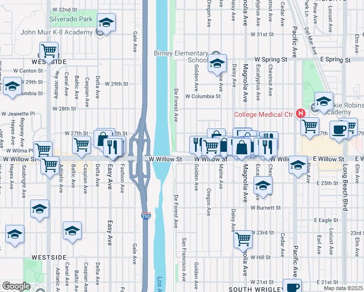 map of restaurants, bars, coffee shops, grocery stores, and more near 2647 San Francisco Avenue in Long Beach