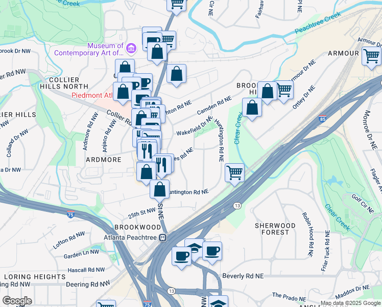 map of restaurants, bars, coffee shops, grocery stores, and more near 41 Palisades Road Northeast in Atlanta