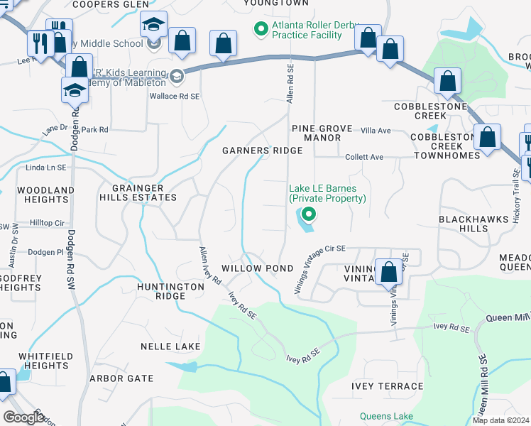 map of restaurants, bars, coffee shops, grocery stores, and more near 272 Tony Trail Southeast in Mableton