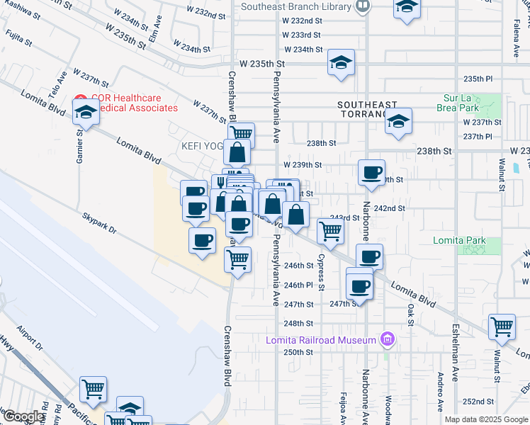 map of restaurants, bars, coffee shops, grocery stores, and more near 2421 Lomita Boulevard in Lomita