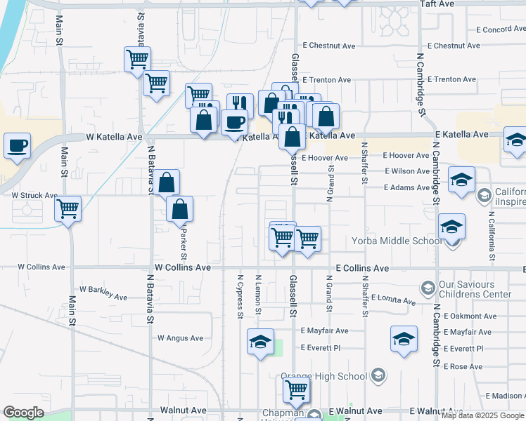map of restaurants, bars, coffee shops, grocery stores, and more near 201 West Collins Avenue in Orange
