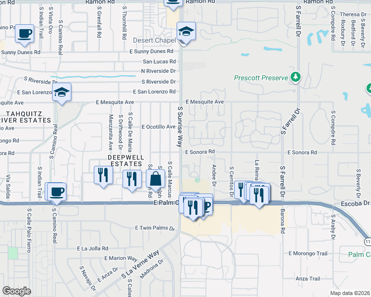 map of restaurants, bars, coffee shops, grocery stores, and more near 1710 East Sonora Road in Palm Springs