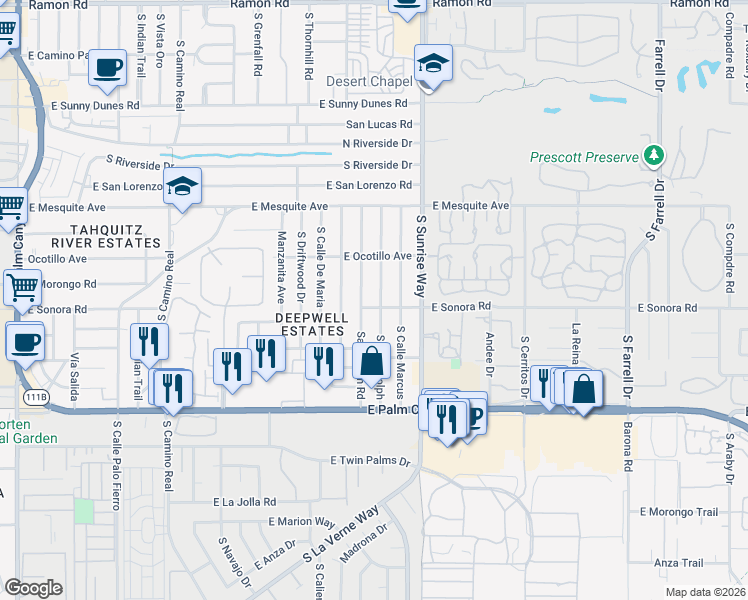 map of restaurants, bars, coffee shops, grocery stores, and more near 1350 Sagebrush Road in Palm Springs