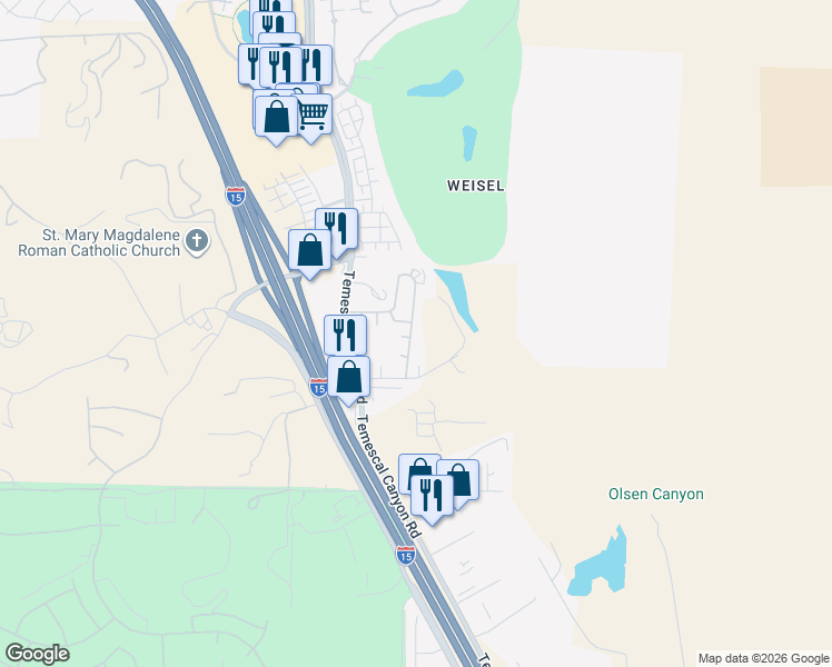 map of restaurants, bars, coffee shops, grocery stores, and more near 21650 Temescal Canyon Road in Corona