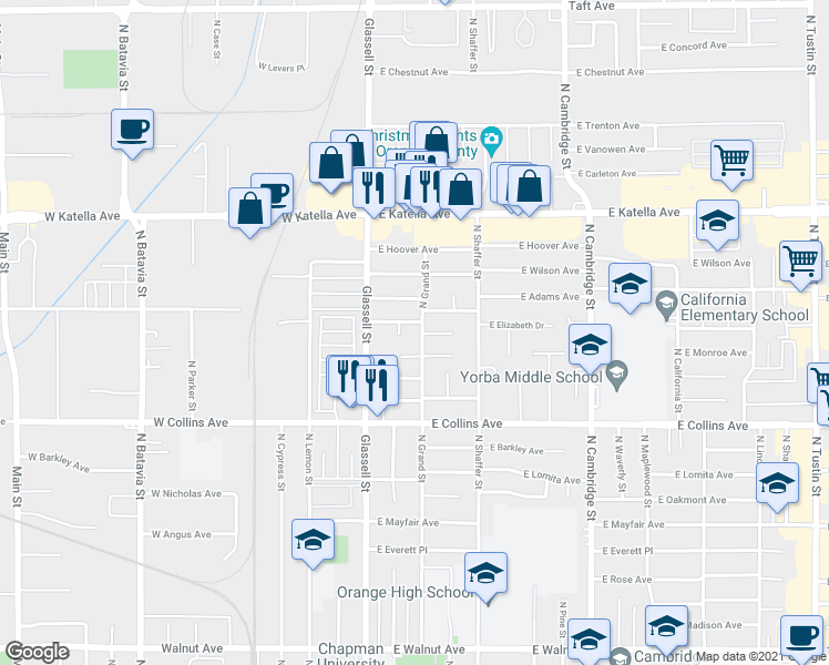 map of restaurants, bars, coffee shops, grocery stores, and more near 315 East Jackson Avenue in Orange