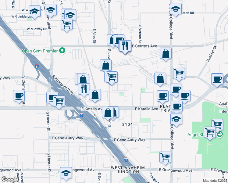 map of restaurants, bars, coffee shops, grocery stores, and more near 915 E. Mason Ln in Anaheim