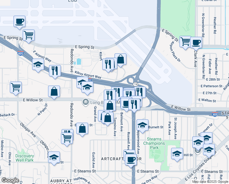 map of restaurants, bars, coffee shops, grocery stores, and more near 2666 Grand Avenue in Long Beach