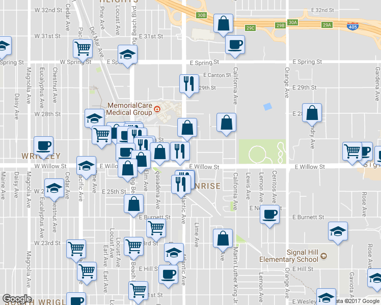 map of restaurants, bars, coffee shops, grocery stores, and more near 2658 Atlantic Avenue in Long Beach