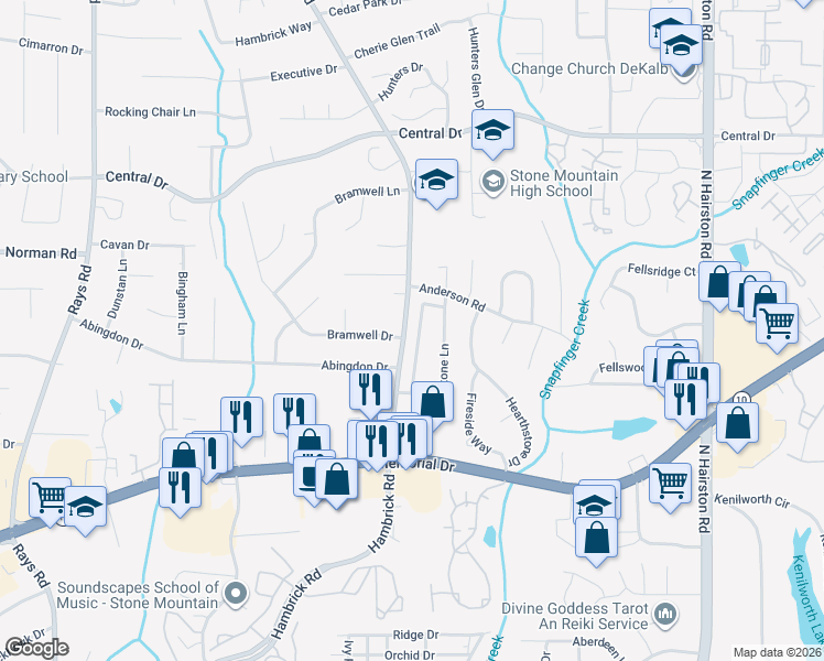map of restaurants, bars, coffee shops, grocery stores, and more near 930 Hambrick Road in Stone Mountain