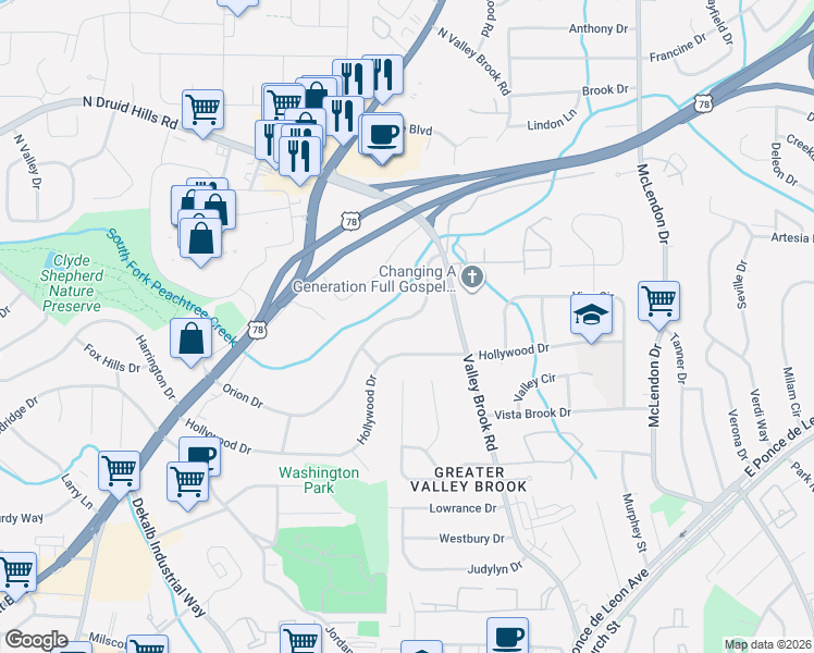 map of restaurants, bars, coffee shops, grocery stores, and more near 2955 Orion Drive in Decatur