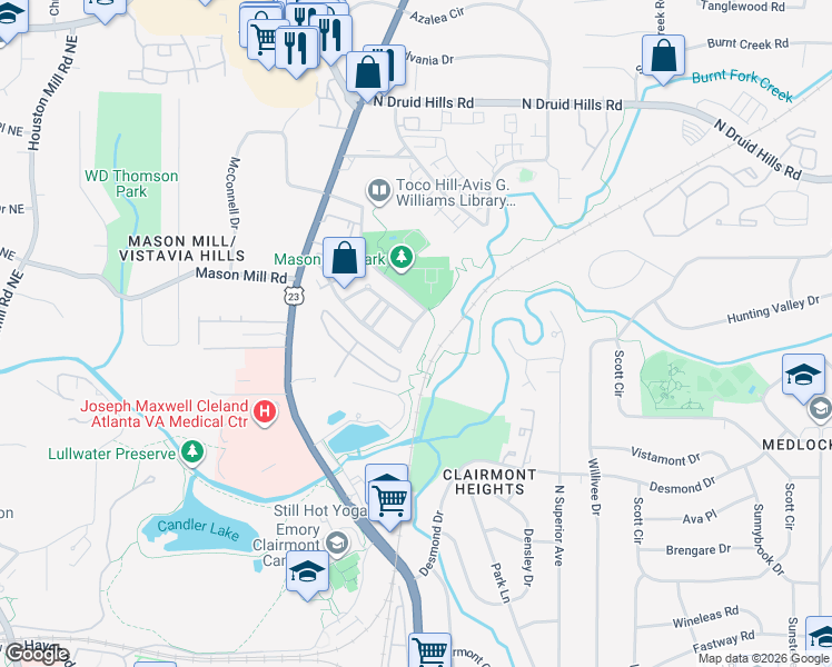 map of restaurants, bars, coffee shops, grocery stores, and more near 2063 Mason Mill Road in Decatur