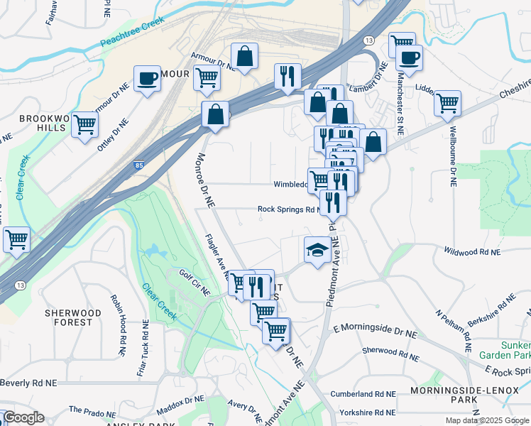 map of restaurants, bars, coffee shops, grocery stores, and more near 1849 Rock Springs Lane in Atlanta