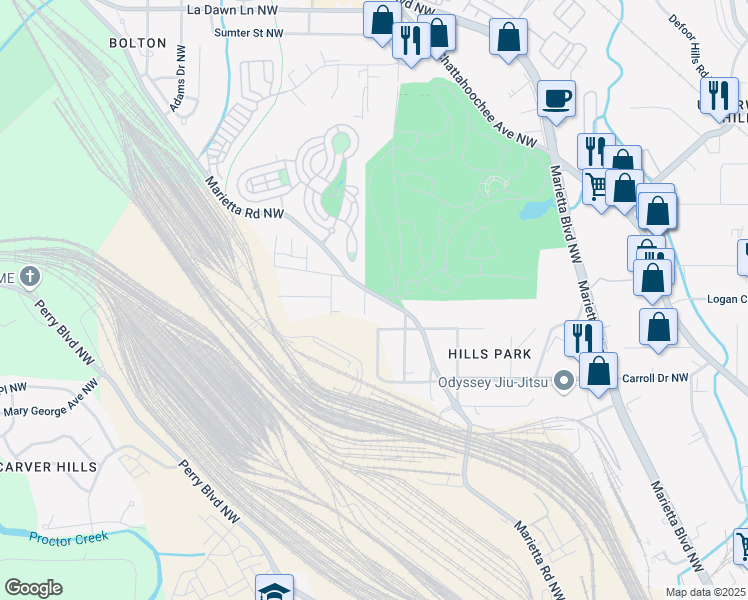 map of restaurants, bars, coffee shops, grocery stores, and more near 1830 Marietta Road Northwest in Atlanta
