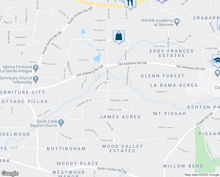 map of restaurants, bars, coffee shops, grocery stores, and more near 1486 Thunderwood Lane Southwest in Mableton